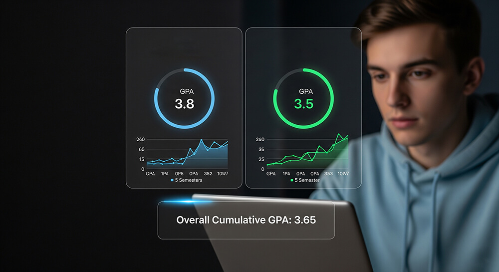 Diagram showing how the dual degree GPA splitter works with the Transfer-Credits GPA Integrator