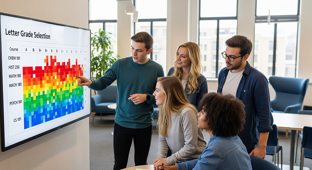A colorful heat map showing the distribution of letter grades in various courses.