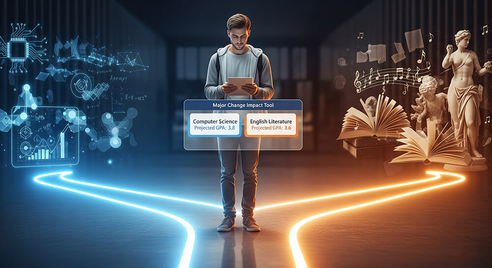 A student strategically planning their future classes with a 4.0 vs 5.0 outcome simulator.