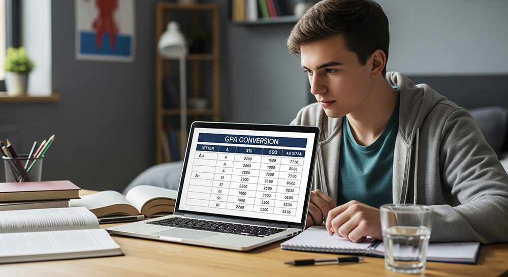 A student converting UK percentage grades to a 4.0 GPA on a chart.