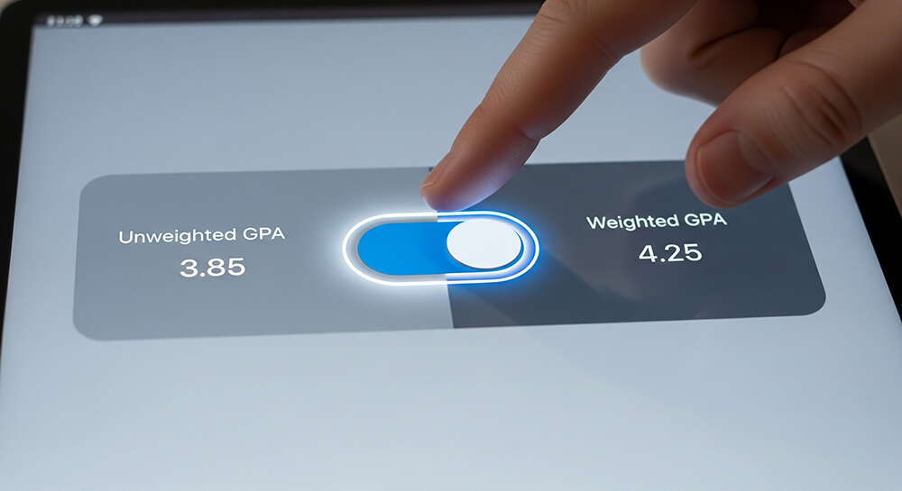 A student using a weighted vs. unweighted GPA calculator for a 100-Point to 5-Point Conversion.