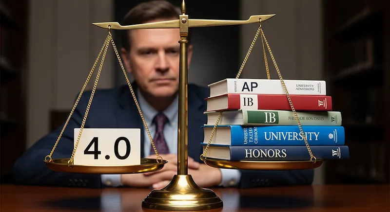 A scale balancing weighted vs unweighted GPA during a transcript audit.
